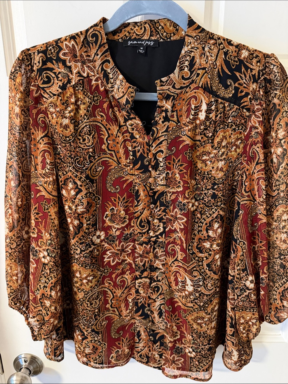 Sam & Jess Paisley Chiffon Print 3/4 Sheer Sleeve Blouse Fall Earth Tones Medium